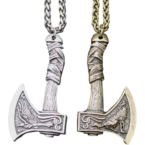 Viking Wolf Raven Axe Pendant Necklace Alloy Chain Viking Jewelry Gifts for Women