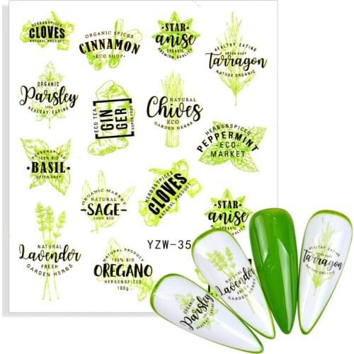 Green Simple Leaf Flower Nail Stickers ABC Letter Image Nail Art Decorations DIY Watermark Sliders Manicure Stickers for Nails