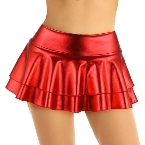 Womens Fashion Shiny Metallic Clubwear Skirts Low Rise Double Layered Ruffled Mini Skirt for Dance Raves Festivals Costumes