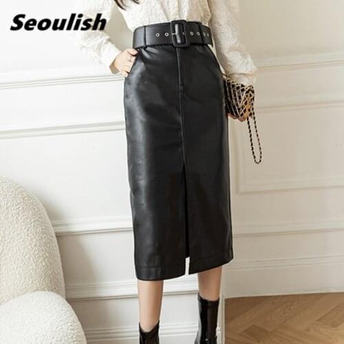 Seoulish Autumn Winter PU Faxu Leather Womens Mi-long Wrap Skirts with Belted High Waist Front Split Sheath Pencil Skirt Female