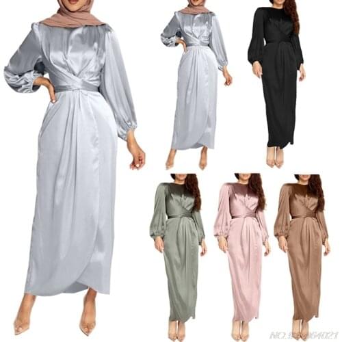 Women Arab Muslim Satin Puff Long Sleeve Maxi Dress Solid Wrap Front Self-Tie Abaya Dubai Turkey Hijab Robe Kaftan M8 Wholesales