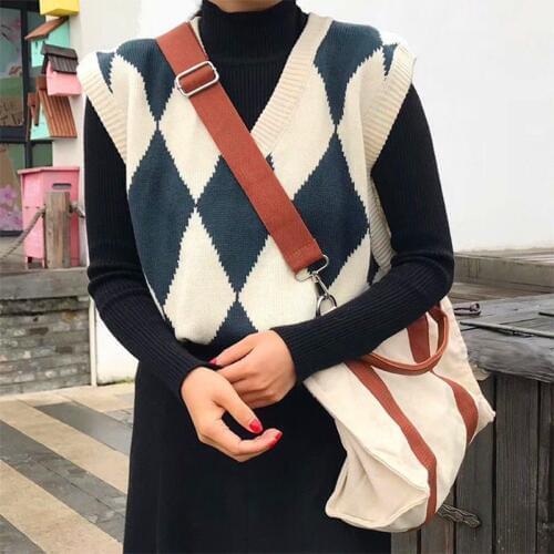 Women Sleeveless Pullover Autumn Winter 2020 England Style Vintage Geometric Rhombic V Neck Knitted Sweater Vest Waistcoat T506