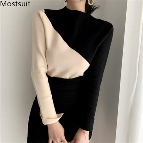 Color-blocked Knitted Pullover Sweater Women Splitting Sleeve O-neck Korean Fashion Slim Female Jumpers Tops Femme 2021