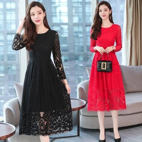 2021 Autumn Winter New Plus Size Vintage Lace Midi Dresses Women Elegant Bodycon Black Dress Party Long Sleeve Runway Vestidos