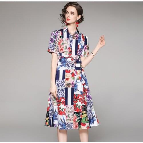 Runway Fashion Summer Midi Dress Women 2021 High Quality Short Sleeve Floral Print Bow Belt Casual Elegant Shirt Dress k7394