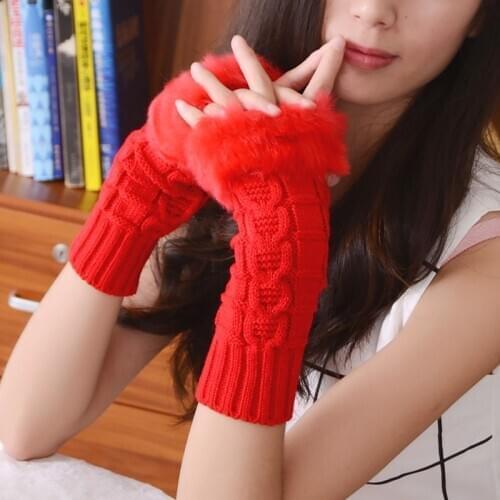 Winter Women Faux Fur Gloves Knitting Wool Keep Warm Mitten Fingerless Lady Half Finger Stretch Cute Hand Gloves Christmas Gift