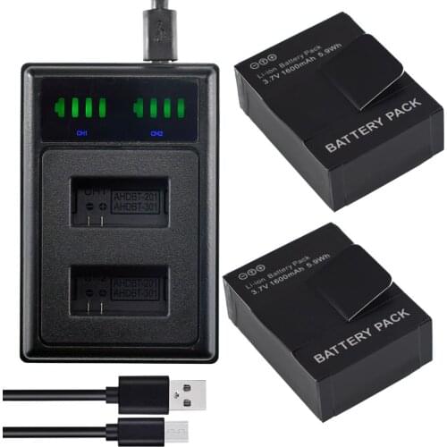 1600mAh 3.7V AHDBT-301 2X Battery + LED USB Dual Charger for GoPro Hero3 Hero3+ Go Pro Hero 3 3+ Edition White Silver Edition HD