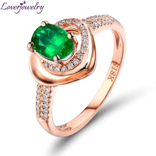 2019 Women Emerald Rings Real 18Kt Rose Gold Center Gemstone Oval 4x6mm Natural Emerald Ring For Female Enggagement Anniversary