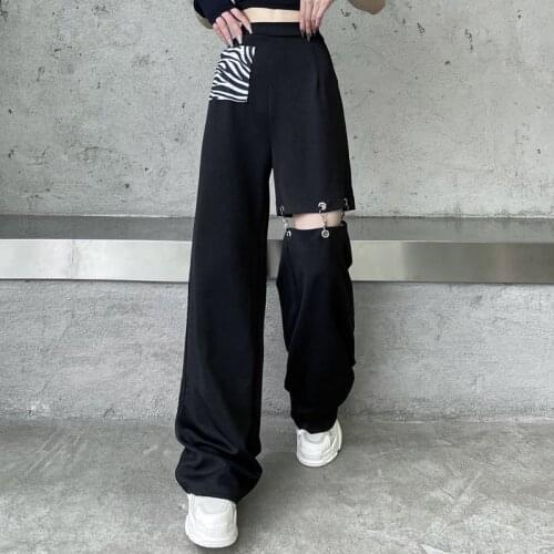 Women Harajuku Black Punk Hollow Out Metal Buckle Pants Streetwear High Waist Casual Loose Fashion Hot Girl Trouser