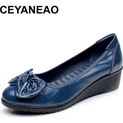 CEYANEAOSpring and autumn shallow mouth drill mother shoes leather soft the elderly with a single shoes casual comfortable women