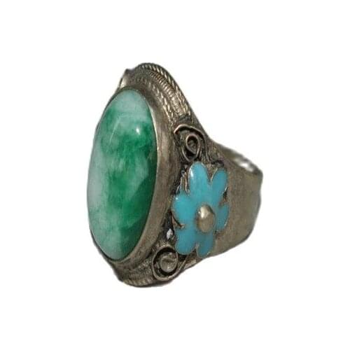 Chinese Old Craft Made Old Tibetan Silver Cloisonne Inlaid Green jade Pendant