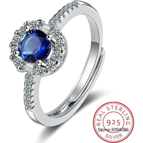 Real 925 Sterling Silver Blue Zircon Round Ring For Fashion Women Cute Fine Jewelry 2021 Minimalist Accessories Gift