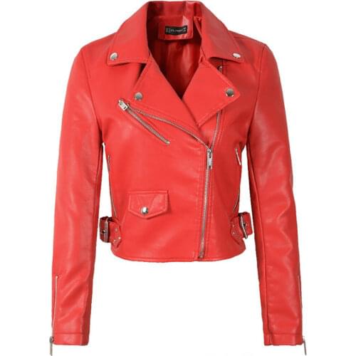 FTLZZ Women Black Faux Leather Jackets Pu Motorcycle Zipper Faux Soft Leather Rivet Zipper Red Pink Turn-down Collar Outerwear