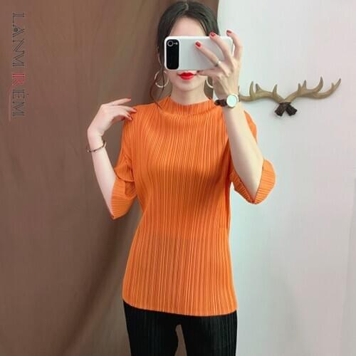 LANMREM Orange Stand Collar Cropped Sleeves Pleated Loose Plus Woman T-shirt Casual Wild Simple Fashion 2021 autumn New TV736