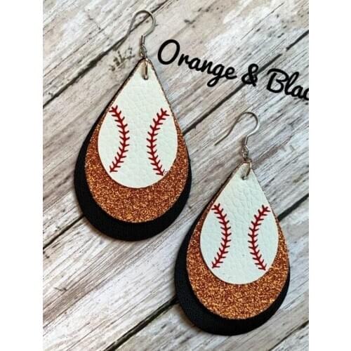 Latest 3D Baseball Three Layer Faux Leather Teardrop Vinyl Earrings Color Layered Team Cheer Glitter Sequins Water Drop Earrings