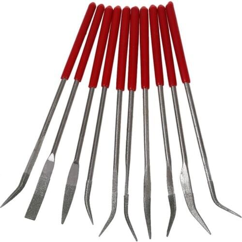 New 160 x 4mm Lapidary Bent Curved Diamond Needle Files Red Handle 10 Pcs