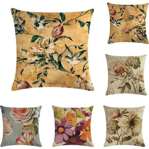 45*45cm Ldyllic Flower Bird Pattern Cotton Linen Throw Pillow Cushion Cover Home Decoration Sofa Bed Decor Decorative Pillowcase