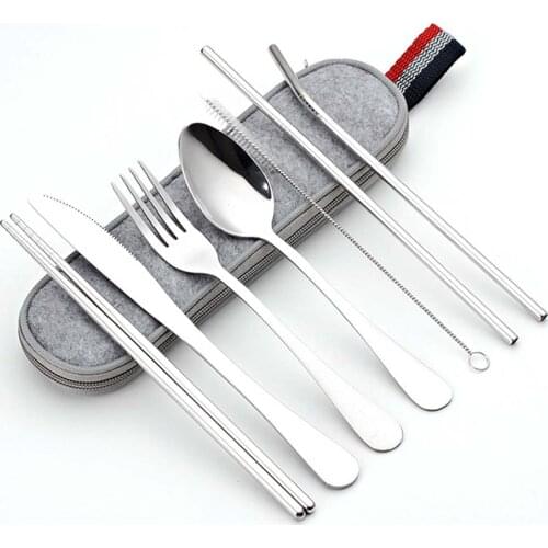 Portable Camping Travel Dinnerware kit Portable Stainless Steel Tableware Cutlery Chopsticks Straw Spoon Fork Kitchen Accessory
