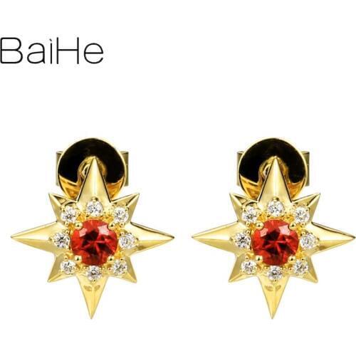 BAIHE Solid 14K Yellow Gold 0.24ct Natural Rubis серьги 0.08ct H/SI Natural Diamonds Women Fine jewelry star Earrings For Women
