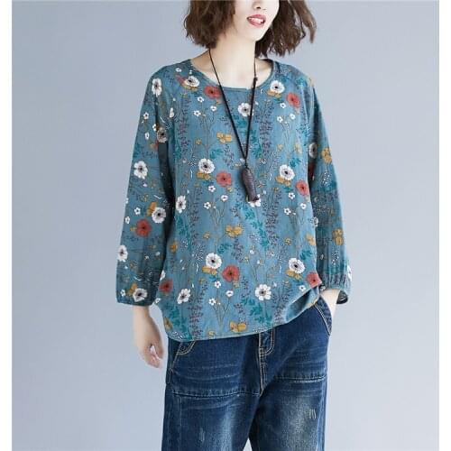 Blue Vintage Pullovers Long Sleeve Autumn Tops Floral Hoodies Sweatshirt Literary Cotton And Linen Women Clothes Print Sudaderas