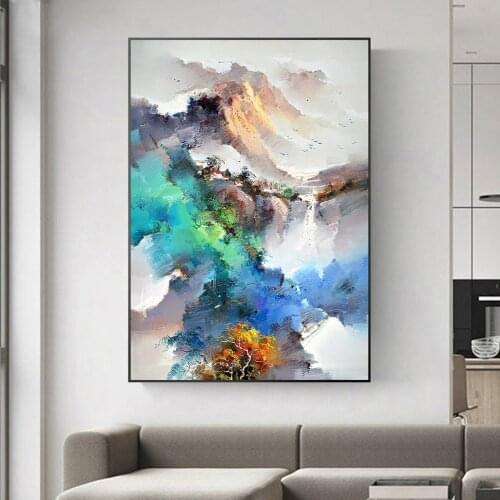 Nordic Abstract Mountain Wall Art Canvas Oil Painting Art Landscape Poster Print Colorful Forest Wall Picture for Living Room