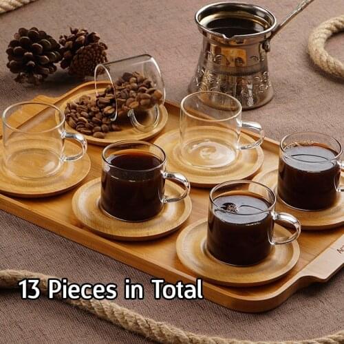 Glass Coffee Cup Creative Cups Set and Porcelain Saucers European Style 80 ml Cups Home Kitchen Accessories Drinkware Coffee Mugs High Quality Set with Bamboo coffee Tray