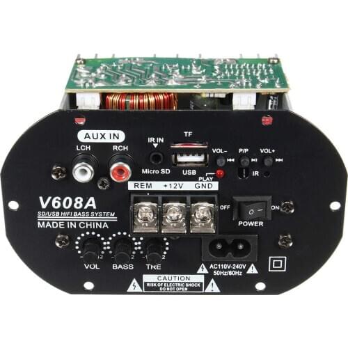V608 High Power Amplifier Board Bass Car Subwoofer 6 Inch Hi-Fi Audio Amplifier Board TF USB 12V/110V-220V Mini Amplifier Board