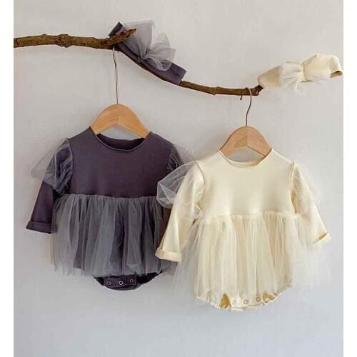 Spring Korean Baby Bodysuits Puff Lace Bodysuits Dress Baby Girl Clothes Have Hair Band