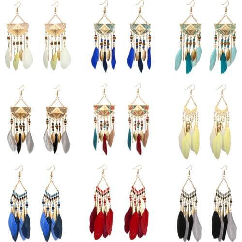 Tocona Vintage Tassel Feather Colorful Bead Drop Earrings for Woman Ethnic Leaf Boho Long Dangle Earring Jewelry Accessories
