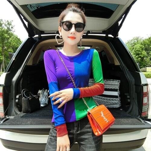 2021 spring and autumn new fashion mesh stitching long sleeve womens round neck gauze base shirt T-shirt