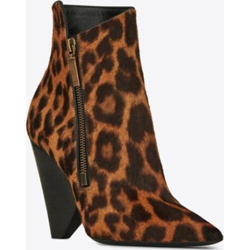 Sestito 2018 Ladies Sexy Leopard Print Spike High Heels Ankle Boots Women Fashion Pointed Toe Side Zipper Dress Party Shoes