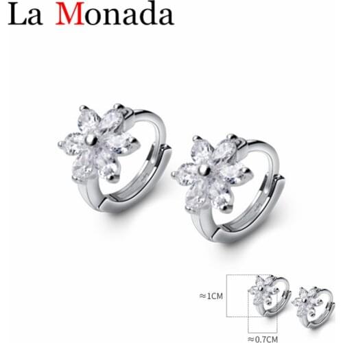 100% Real 925 Sterling Silver White Zircons Flower Small Hoop Earrings Cute Huggie Hoops for Women Girls Hypoallergenic Jewelry