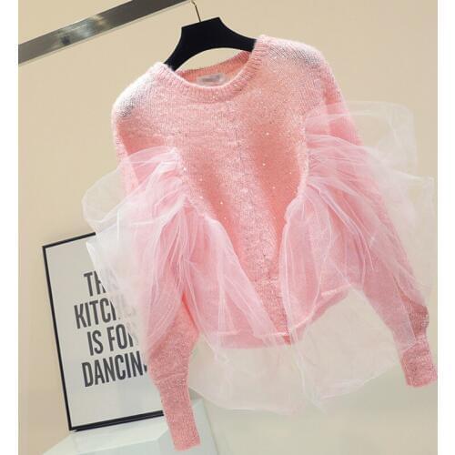 Pink Sweater Women 2018 Autumn Winter New Korean Style Long Sleeve Sequins Loose Sweet Celebrity Knitted Jumpers Sweter Mujer