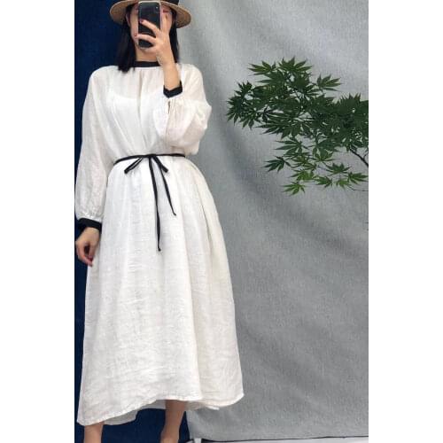 Johnature Summer New Solid Color Linen Loose Women Dresses 2021 Japanese Vintage Single-breasted Thin Female Dress