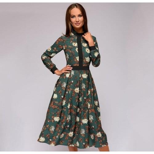 Popular Autumn Spring Long Sleeve High Collar Print Elegant Women Dress Splicing Party Business Holiday Office Knee-Length Dress