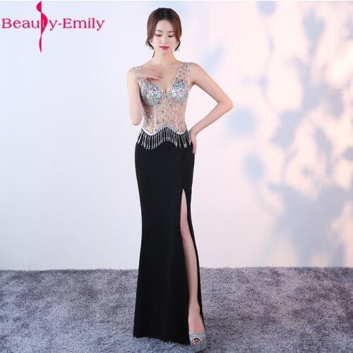 Sexy Illusion Pearls Beading Mermaid Evening Dress with Tassel 2020 Sexy V-Neck Sleeveless Zipper Back Side Split Party Dress