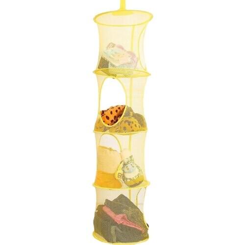 1Pc Colorful Collapsible Storage Net Hanging Basket Breathable Four-lattice Air Drying Cylindrical Basket Blue/ Yellow/ Grey