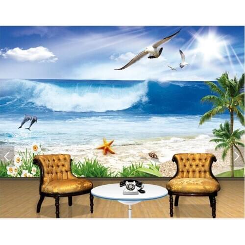 3D photo wallpaper custom 3d wall mural wallpaper Coconut palm beach dolphins gull landscape paintings 3d living room decoration