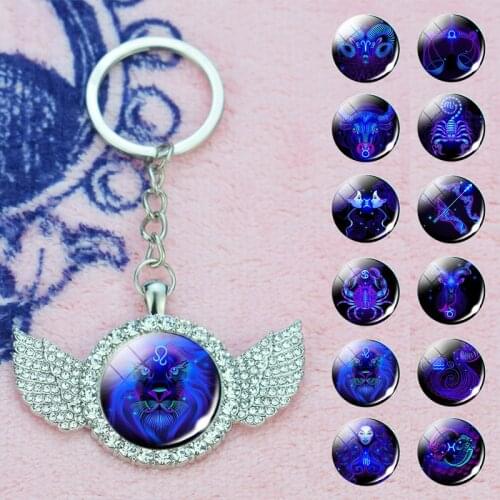 12 Zodiac Sign Keychain Shiny Crystal Wings Pendant Key Rings Scorpio Leo Aries Constellation Jewelry Birthday Gift for Women