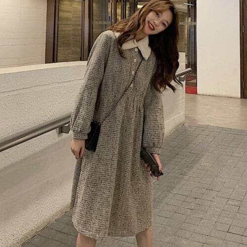 One-Piece Korean Winter Retro Elegant Dress Female Stand-Up Collar Slim Mid-Length Fur Dress Female Casual Skirt