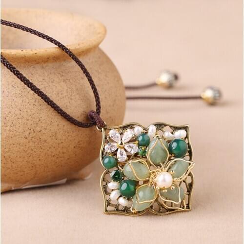 New Natural stone vintage Chinese classical Court style handmade woman girl Pendant Necklace Colar Collier Sweater chain