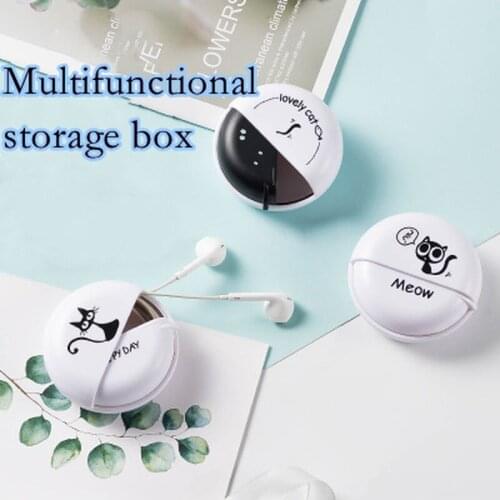 Cute Cartoon Headphone Container Plastic Earphone Organizer Rotating Cover Round Earphone Wire Box Data Line Cables Storage Case