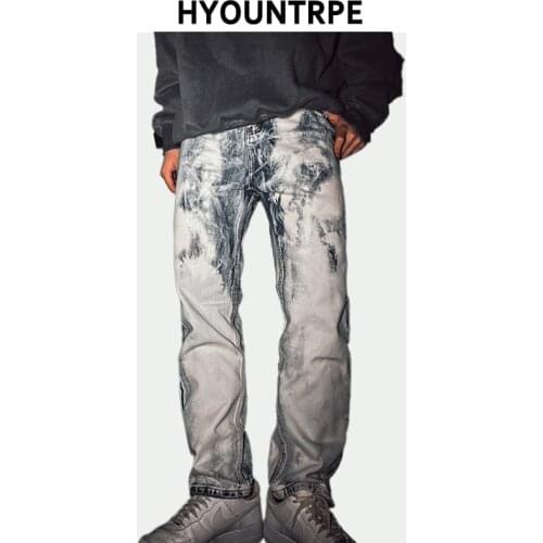 High Street Irregular Washed Denim Pants Mens Fashion Straight Zipper Jeans Trouser Hip Hop Streetwear Casual Joggers Jean Pants