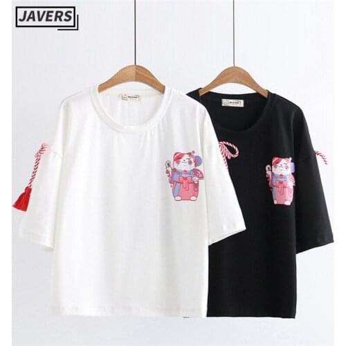 Japan Style Harajuku Mori Girl Kawaii Cat Cartoon T-shirts Girls Cute Funny Short Sleeve Top Women Lace Up Tee Female T Shirts