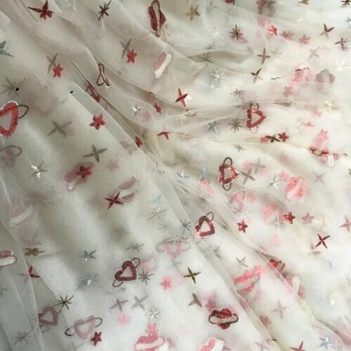 GLace 3Y/Lot Peach Love Heart Embroidered Beads Mesh Sequins Fabric 3colours Dress Costume accessories TX1238