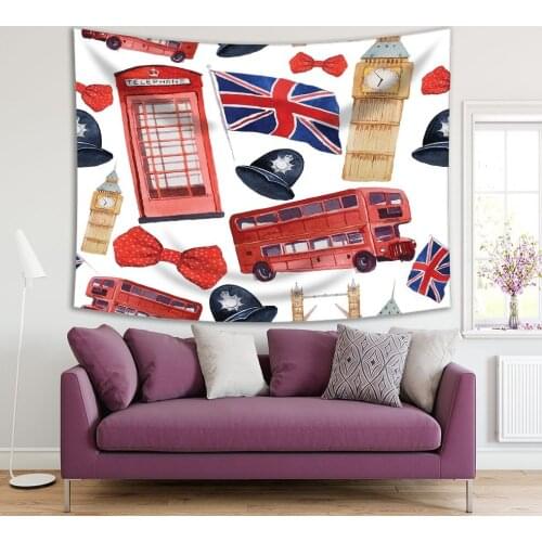 Tapestry London Theme Art with Red Phone Booth Big Ben Clock Flag of Great Britain Policeman Helmet Bow Tie Red bus Printed