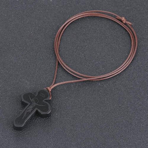 Natural Wood INRI Ebony Cross Jesus Pendant Necklaces Leather Rope Chains Necklaces Religious Prayer Jewelry For Women Men