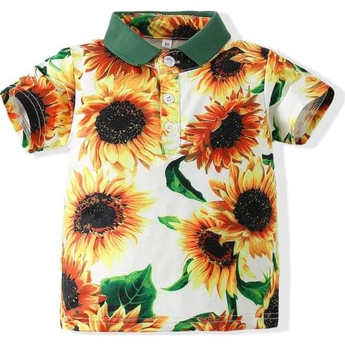 Kimocat Boys Short Sleeve Polo Shirt, Sunflower Print Shirt Top Summer Casual Childrens Vacation Clothing 1-6 Years