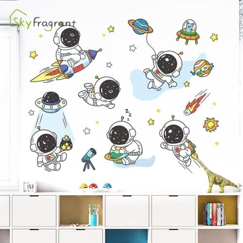 Cute Cartoon Space Astronaut Wall Stickers For Kids Rooms Child Boy Bedroom Wall Decor Self Adhesive Stickers Decoration Home