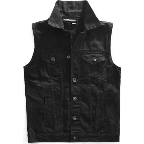 Spring Summer Pocket Pure Black Motorcycle Club Mens Denim Vest Turn Down Collor Sleeveless Jackets Punk Rock Biker Vest S-2XL